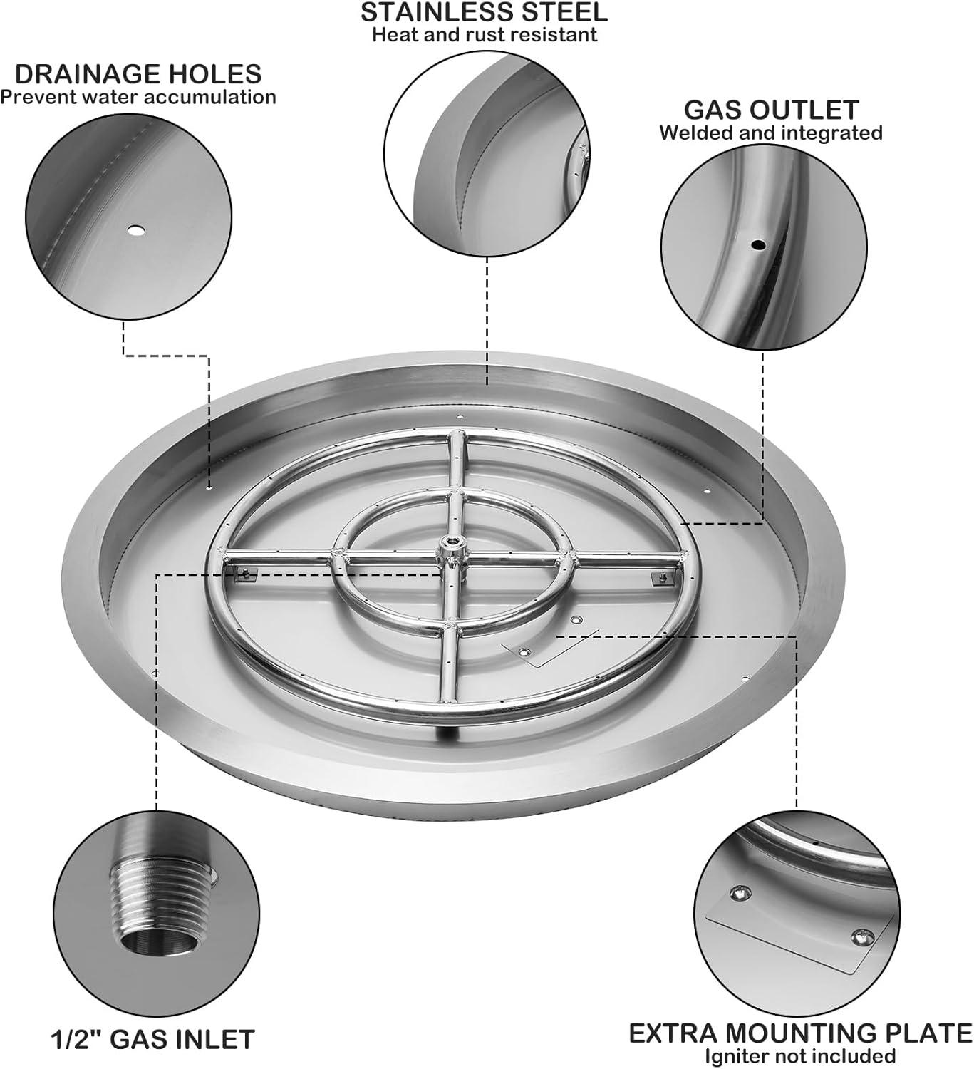 Stanbroil 19 Inch Drop-in Round Fire Pit Kit with Spark Ignition Kit, Propane Gas Version, 304 Stainless Steel(19″ Round)