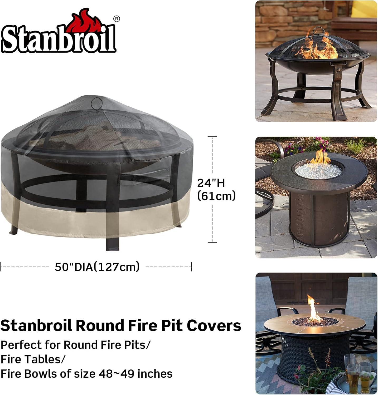 Stanbroil 60 Inch Round Fire Pit Cover, Full Coverage Fire Pit Table Cover, Patio Furniture Cover with Durable and Water Resistant Fabric, Black(50″)