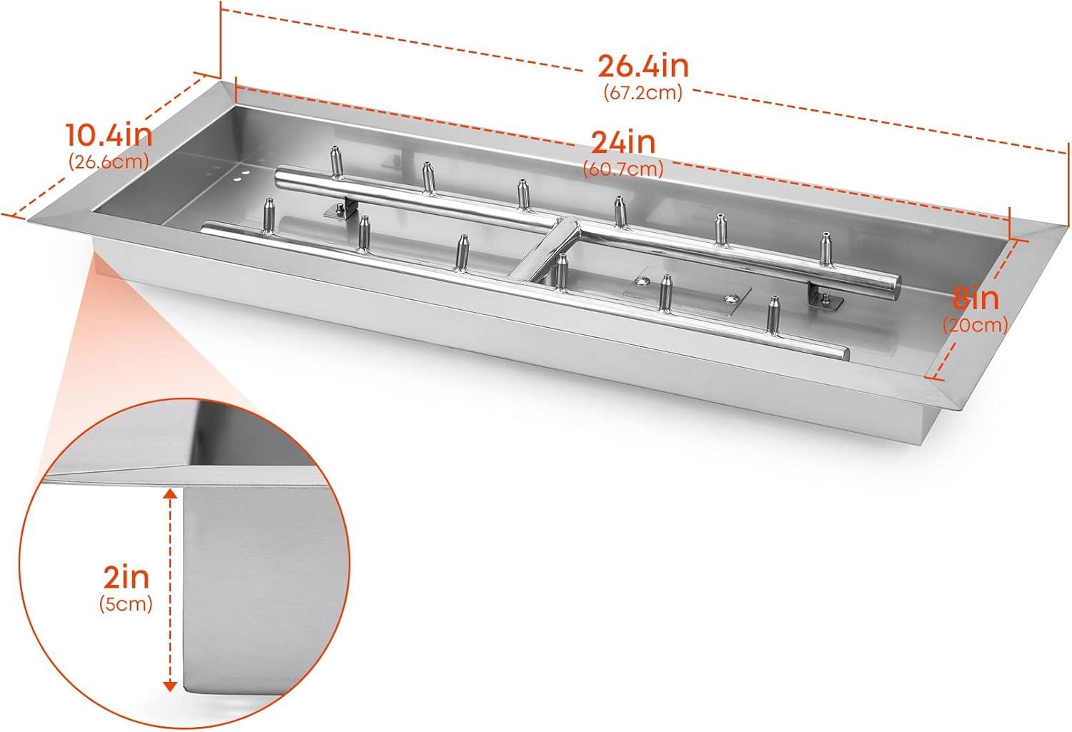 Stanbroil 24″ x 8″ Upgrade Rectangle Fire Pit Jet Burner Pan, 304 Stainless Steel Natural & Propane Gas Firepit for Outside, High Flame, 90k BTU Max(Rect 24 by 8-Inch)
