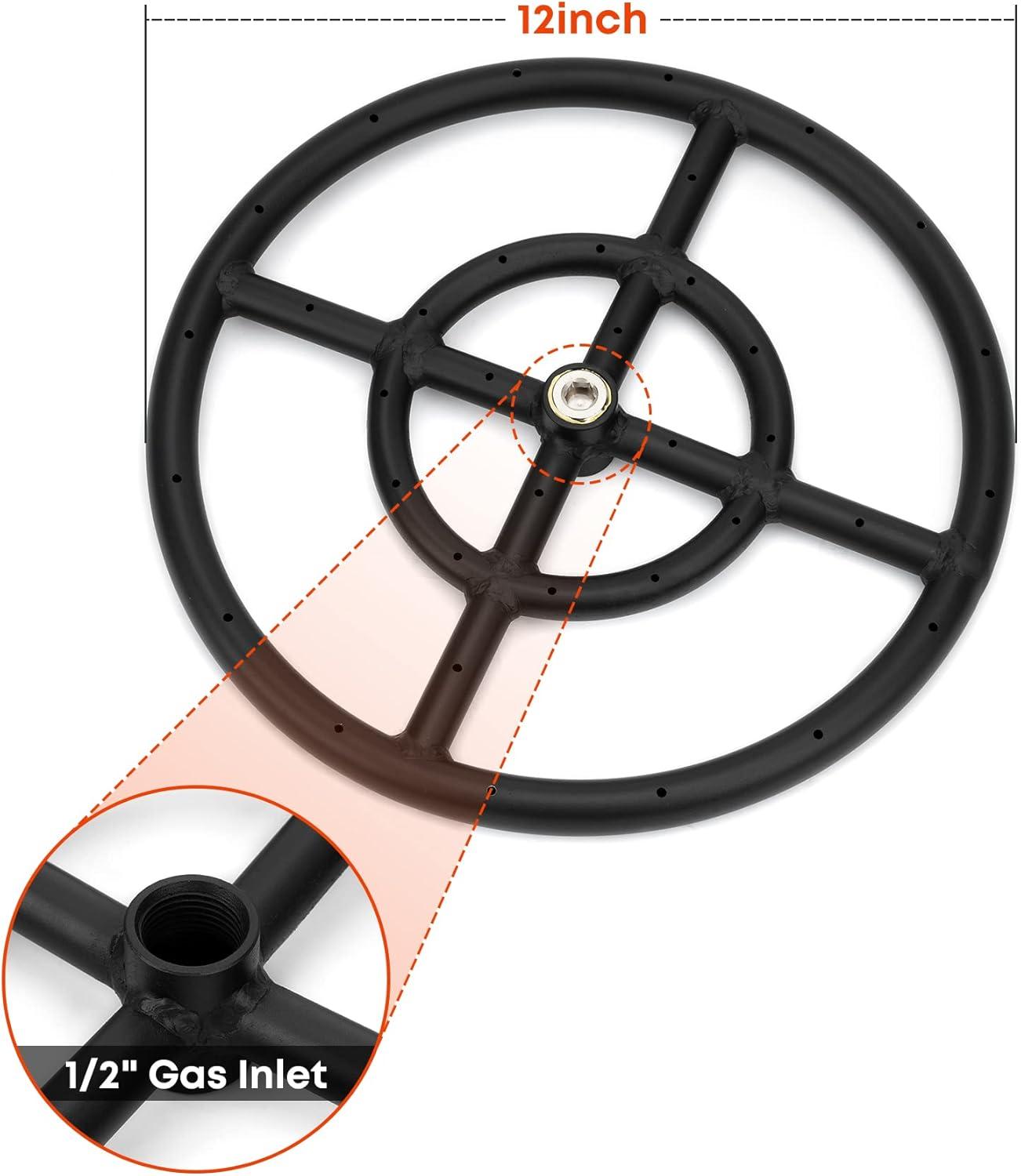 Stanbroil 12 Inch Round Fire Pit Burner Ring for Natural Gas & Propane – Black Steel for Indoor & Outdoor Fireplace, BTU 92,000 Max(Round 12″)