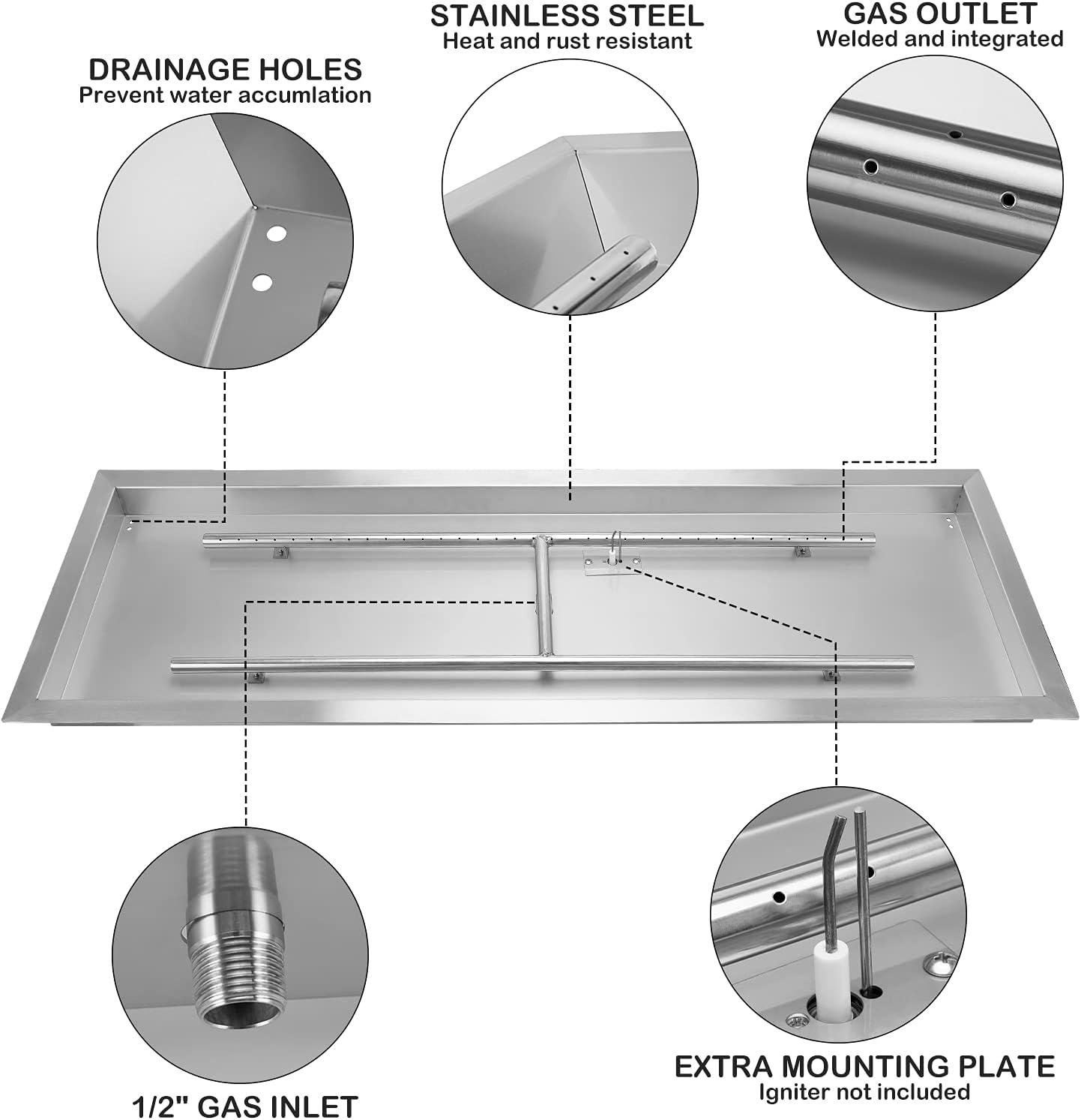 Stanbroil 36 x 12 Rectangle Fire Pit Kit with Spark Ignition, Drop-in Natural Gas Fire Pit Burner Kit DIY for Fire Table Outside Patio Backyard, Natural Gas Version(24 by 8-Inch)