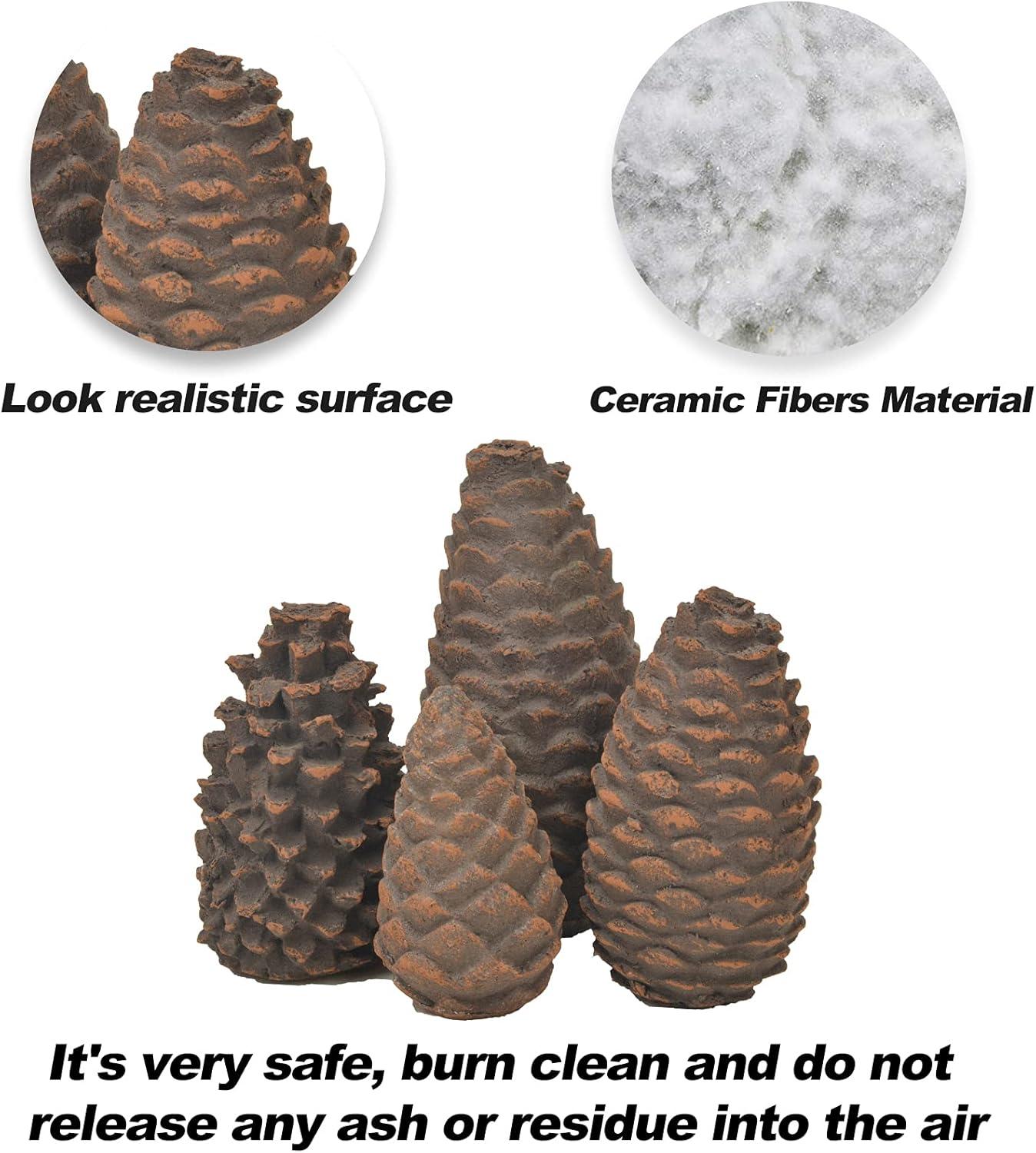 Stanbroil Set of 4 Gas Logs Decorative Ceramic Pine Cones for Indoor or Outdoor Fireplaces and Fire Pits