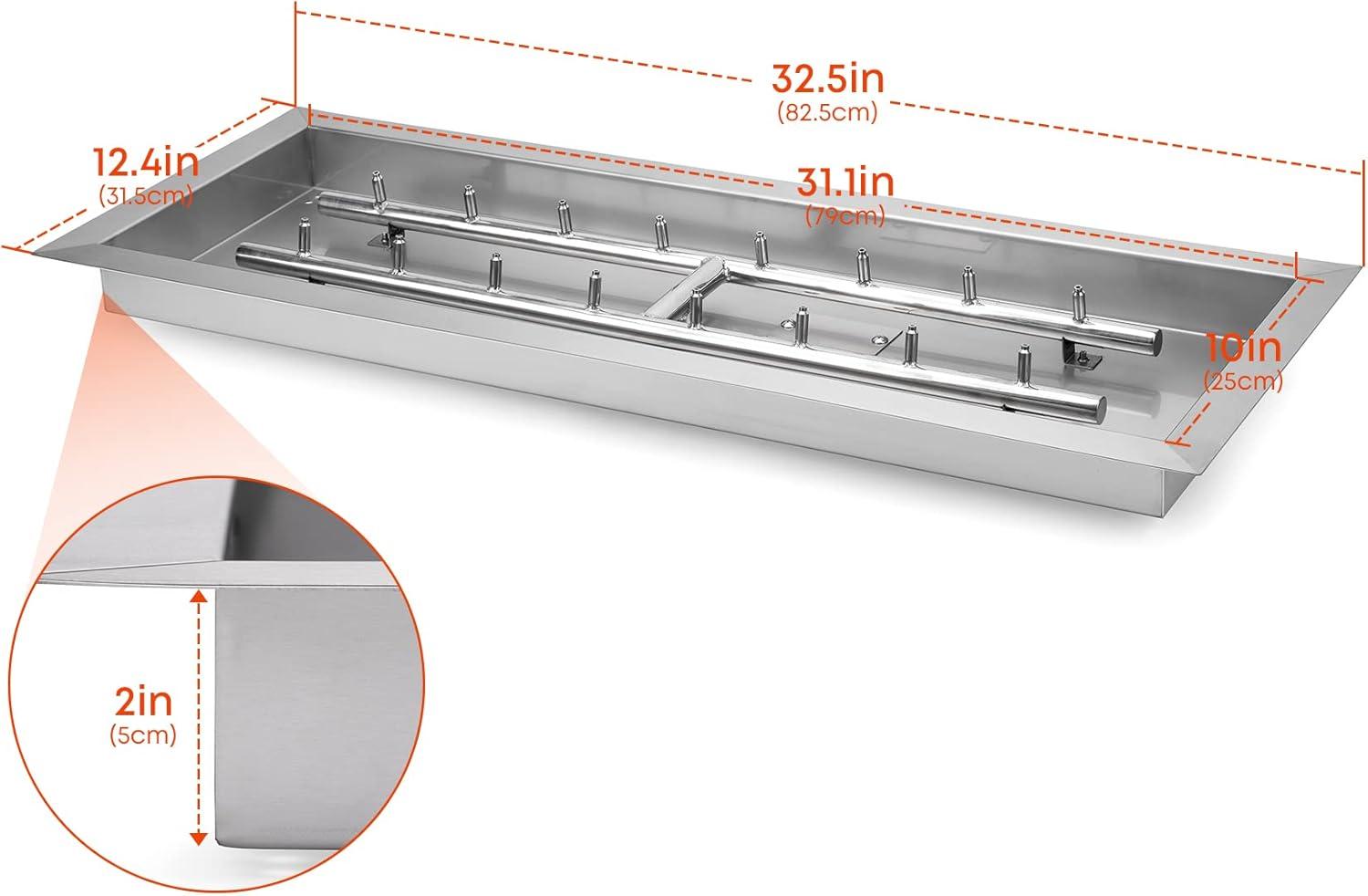 Stanbroil 24″ x 8″ Upgrade Rectangle Fire Pit Jet Burner Pan, 304 Stainless Steel Natural & Propane Gas Firepit for Outside, High Flame, 90k BTU Max(Rect 30 by 10-Inch)