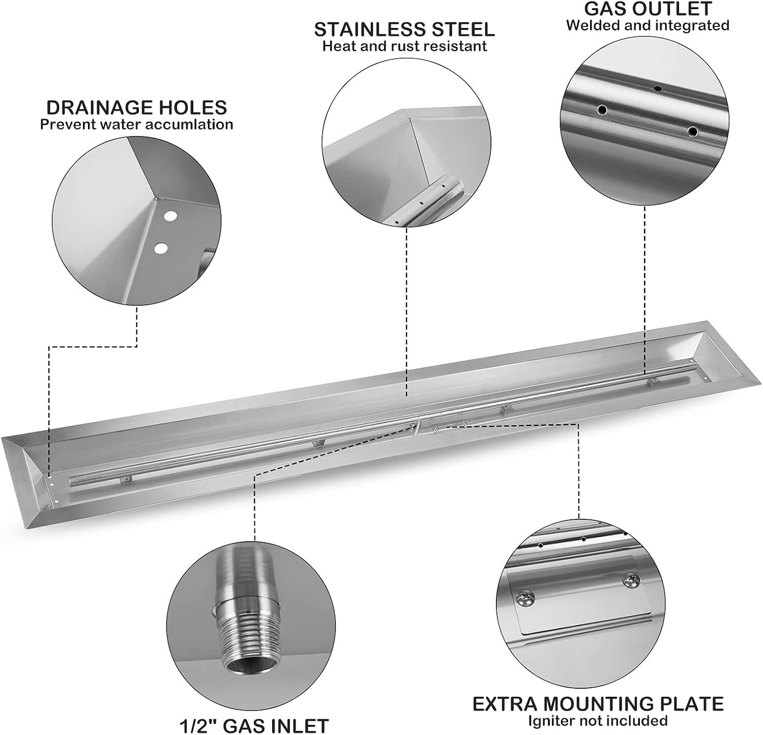 Stanbroil 36 by 6-Inch Drop-in Linear Fire Pit Burner, 304 Stainless Steel Natural & Propane Gas Firepit Insert for Fire Pit Table Indoor Outdoor, 65,000 BTU Max(60 by 6-Inch)
