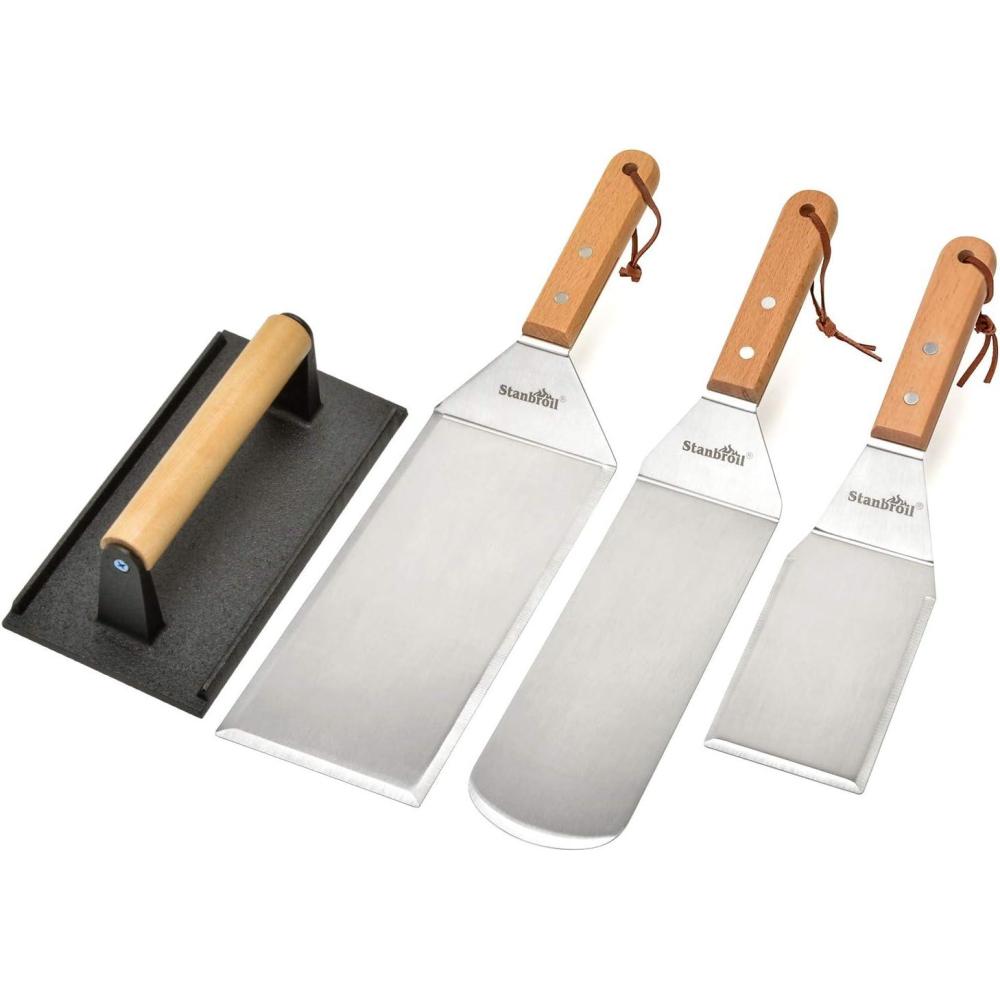 Stanbroil Large Metal Griddle Spatula Set with Long Flat Spatulas and Cast Iron Grill Press for Flat Tops, Griddles, Grills, Ovens and Stoves,Set of 4