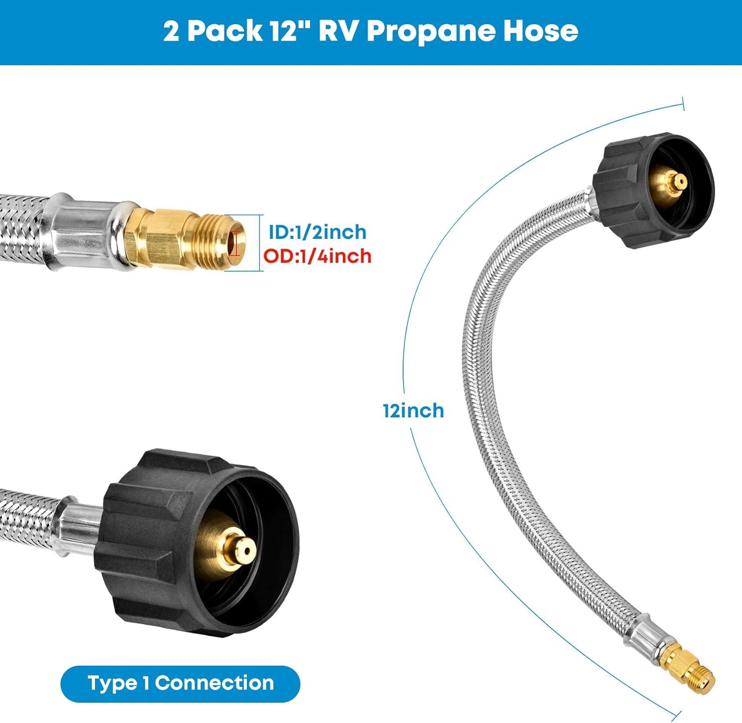 Stanbroil 2PCS 15″ RV Propane Pigtail Hose with Gauge for 2-Stage Auto Changeover Regulator, Stainless Steel Braided Hose with 1/4″ Inverted Male Flare(12″ Propane Hose without Gauge)