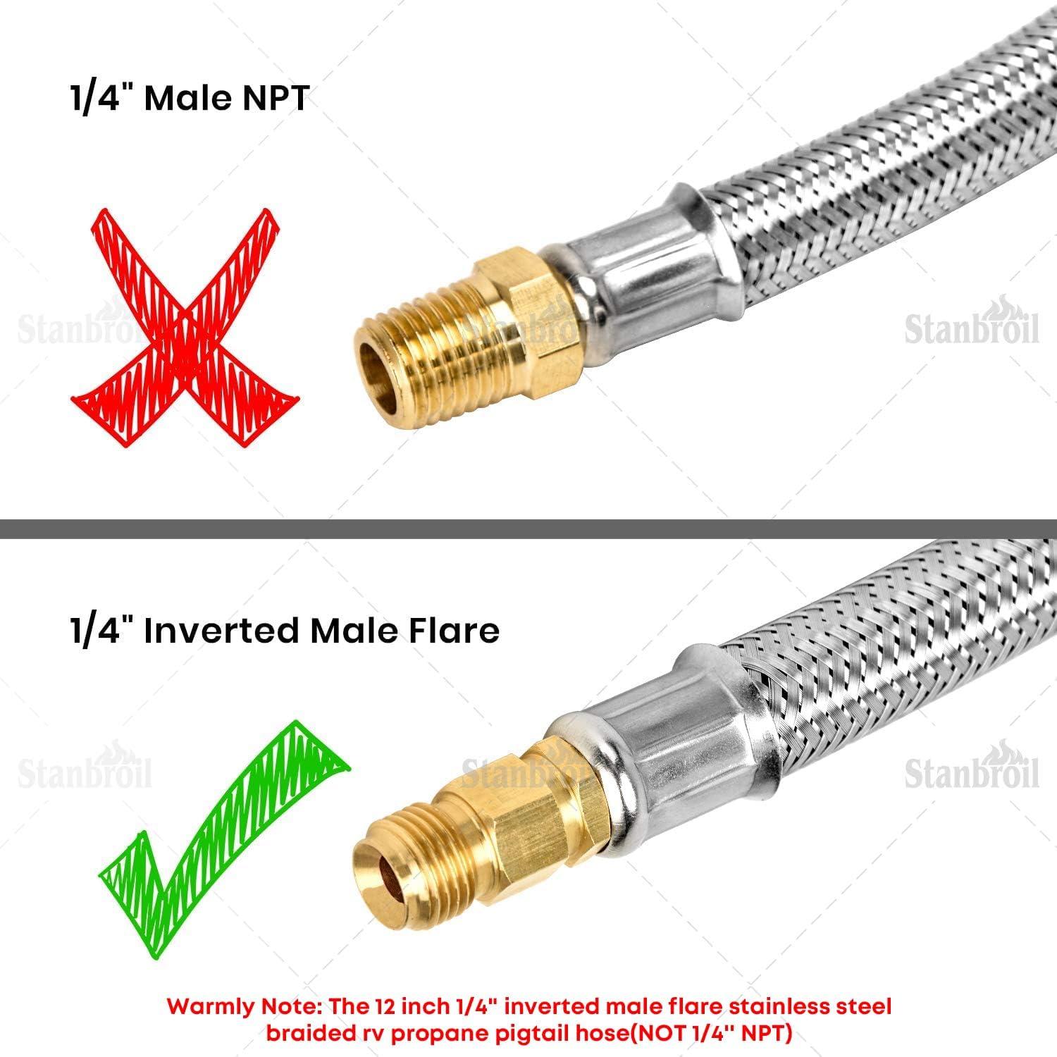 Stanbroil 2PCS 15″ RV Propane Pigtail Hose with Gauge for 2-Stage Auto Changeover Regulator, Stainless Steel Braided Hose with 1/4″ Inverted Male Flare(12″ Propane Hose without Gauge)