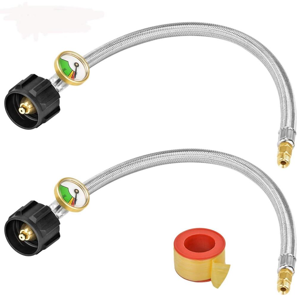 Stanbroil 2PCS 15″ RV Propane Pigtail Hose with Gauge for 2-Stage Auto Changeover Regulator, Stainless Steel Braided Hose with 1/4″ Inverted Male Flare(15″ Propane Hose with Gauge)