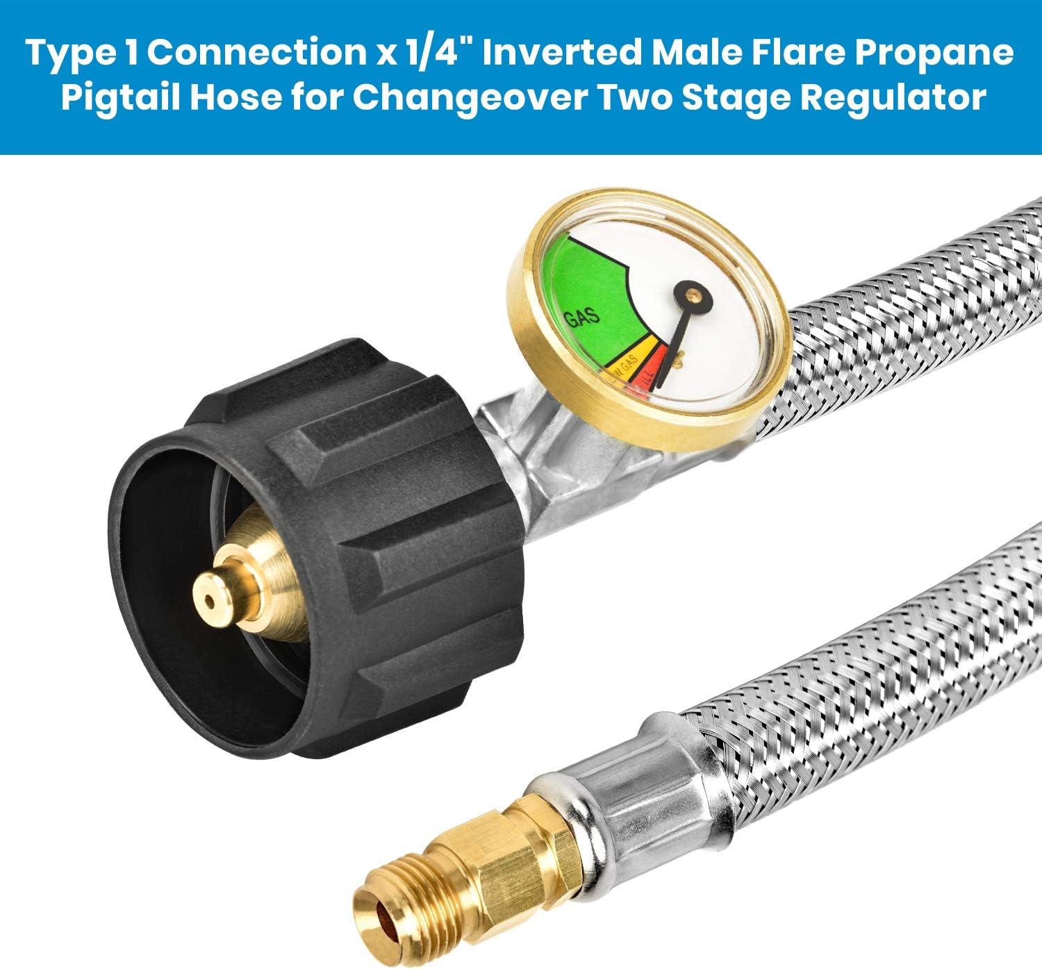 Stanbroil 2PCS 15″ RV Propane Pigtail Hose with Gauge for 2-Stage Auto Changeover Regulator, Stainless Steel Braided Hose with 1/4″ Inverted Male Flare(15″ Propane Hose with Gauge)
