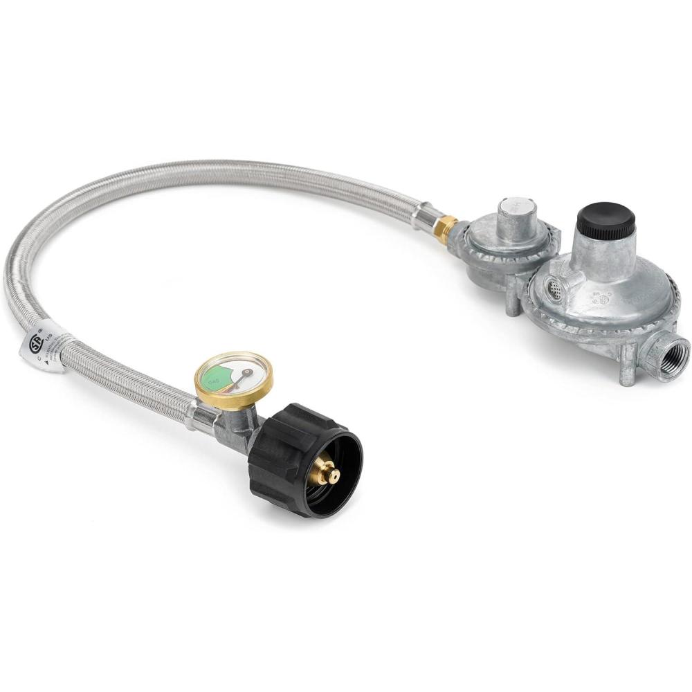 Stanbroil Horizontal Two Stage Propane Regulator – 20″ RV Propane Pigtail Stainless Steel Braided Hose with Gauge