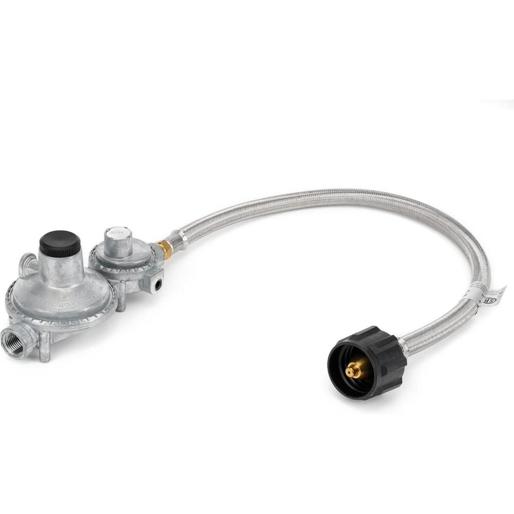Stanbroil Horizontal Two Stage Propane Regulator – 20″ RV Propane Pigtail Stainless Steel Braided Hose Type 1 Connection with 1/4″ Male NPT