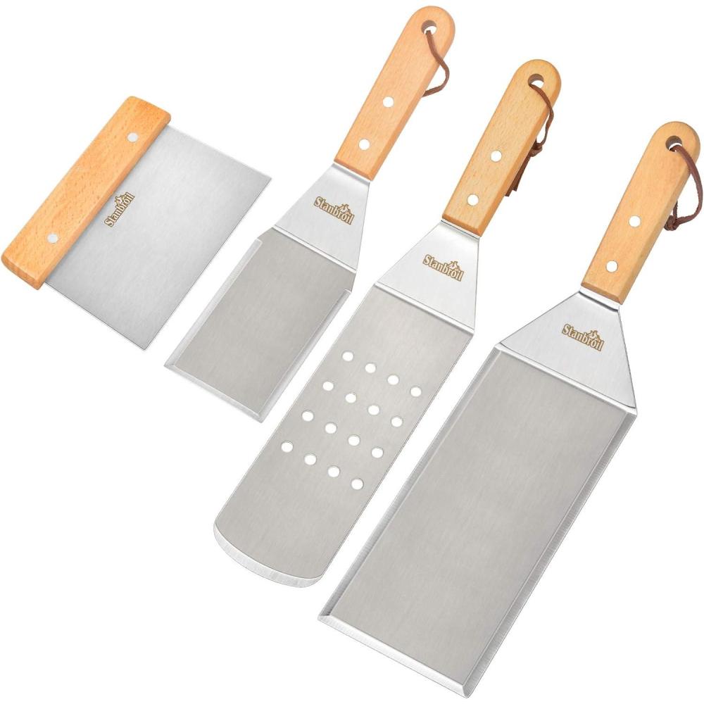 Stanbroil Metal Spatula and Bench Scraper Set for Griddle, Commercial Grade Stainless Steel Flat Top Grill Utensils, Set of 4