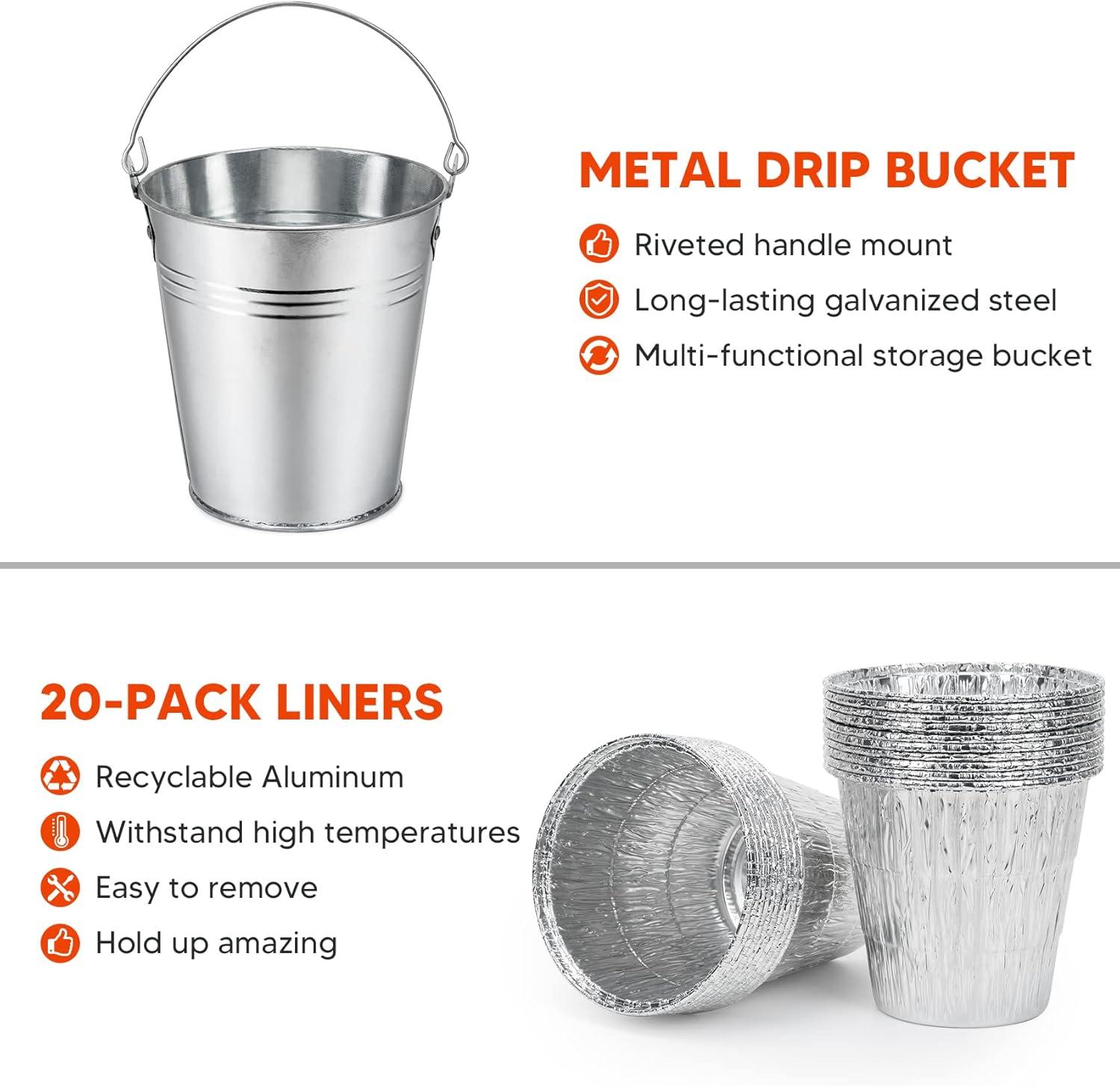 Stanbroil Grill Grease Bucket Replacement with 10-Pack Bucket Liners for Traeger 20/22/34 Series, Pit Boss, Camp Chef, Louisiana, etc Pellet Grill/Smoker, Silver(20-Pack)