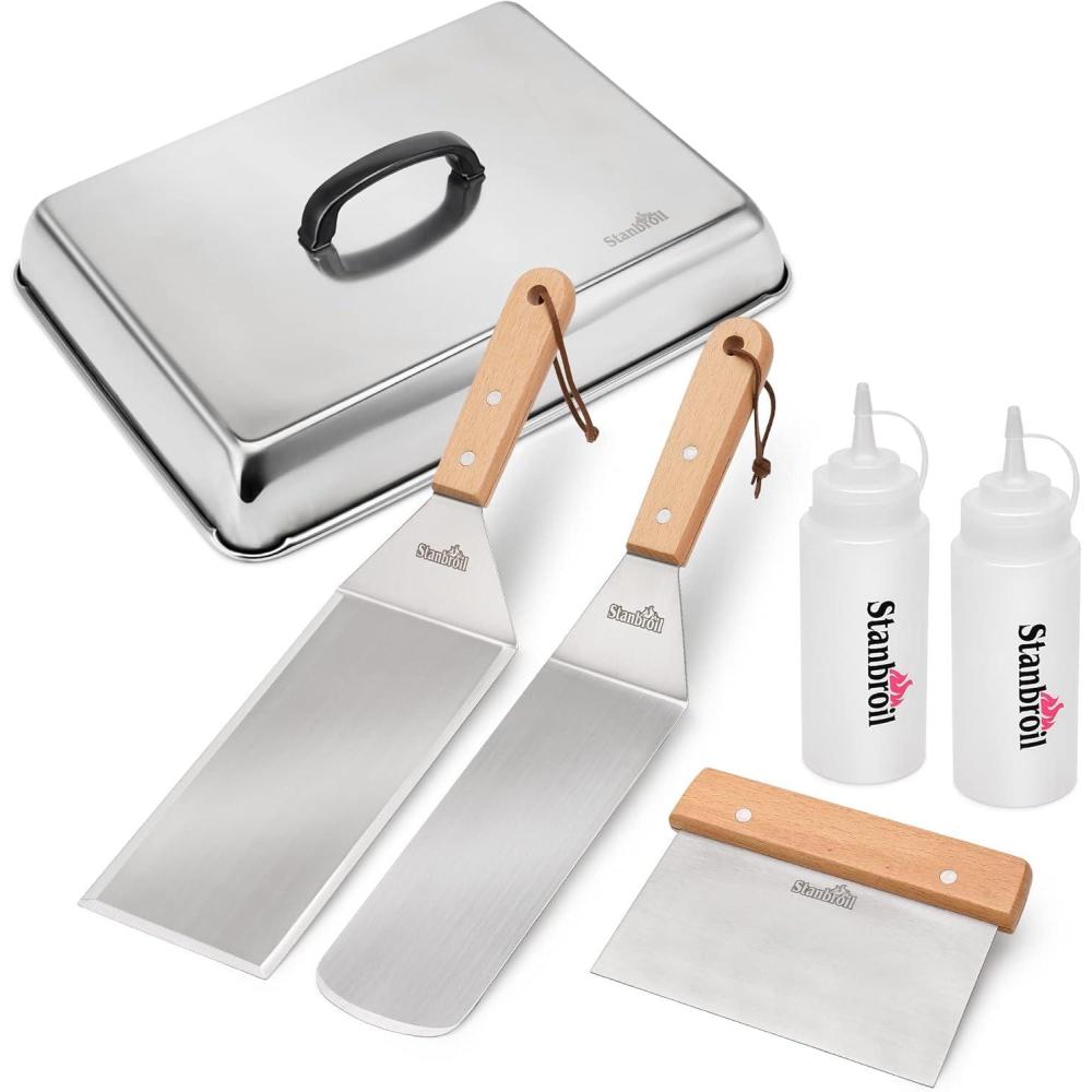 Stanbroil BBQ Griddle Accessories Set of 6 – Heavy Duty Stainless Steel Scraper, Spatula, Basting Cover and Bottles for Blackstone, Camp Chef Grill and Outdoor Griddle Accessories