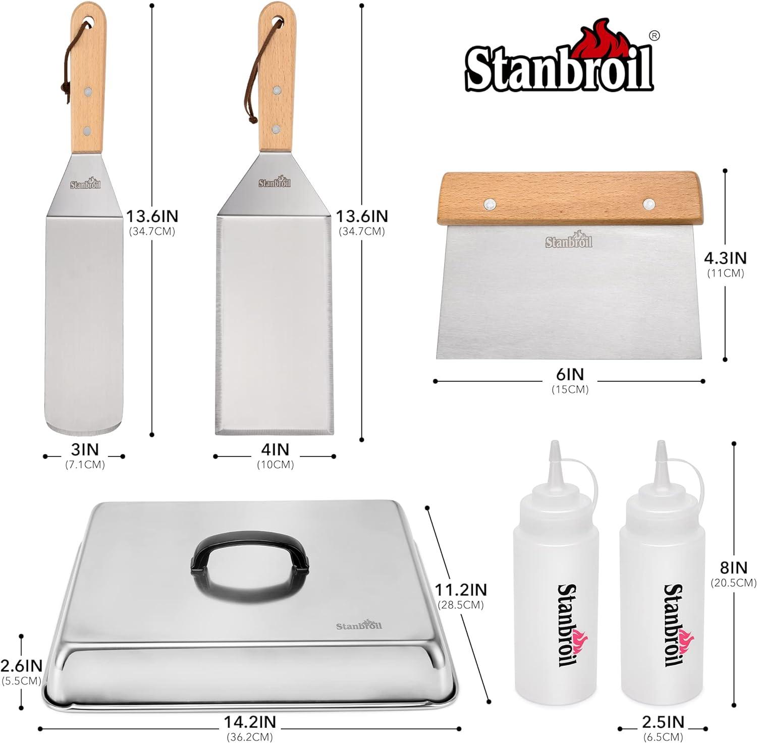 Stanbroil BBQ Griddle Accessories Set of 6 – Heavy Duty Stainless Steel Scraper, Spatula, Basting Cover and Bottles for Blackstone, Camp Chef Grill and Outdoor Griddle Accessories