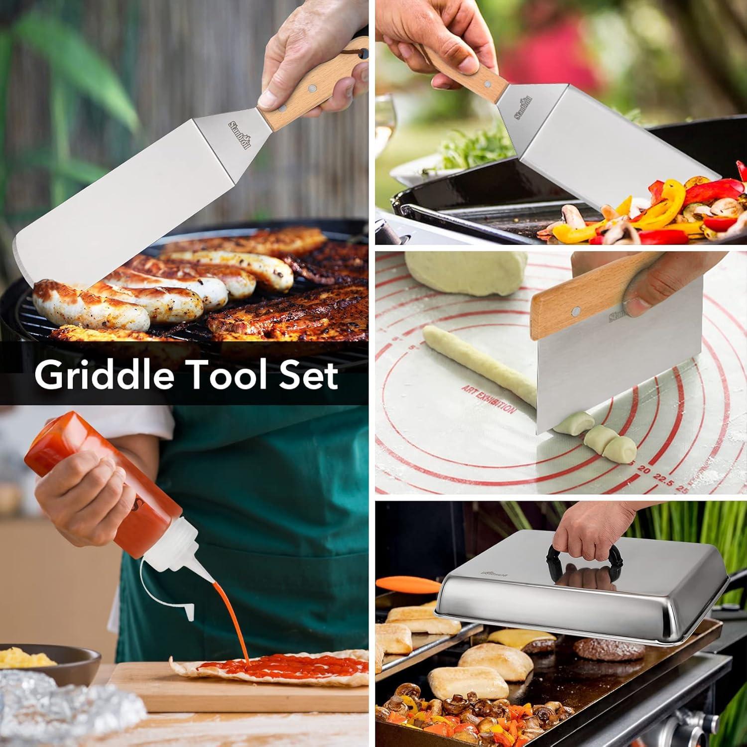 Stanbroil BBQ Griddle Accessories Set of 6 – Heavy Duty Stainless Steel Scraper, Spatula, Basting Cover and Bottles for Blackstone, Camp Chef Grill and Outdoor Griddle Accessories