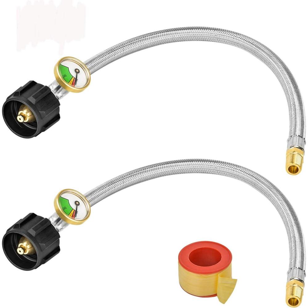Stanbroil 12″ RV Propane Pigtail Stainless Steel Braided Hose with Gauge Type 1 Connection for 1/4″ NPT Standard Two-Stage Regulator, 2-Pack