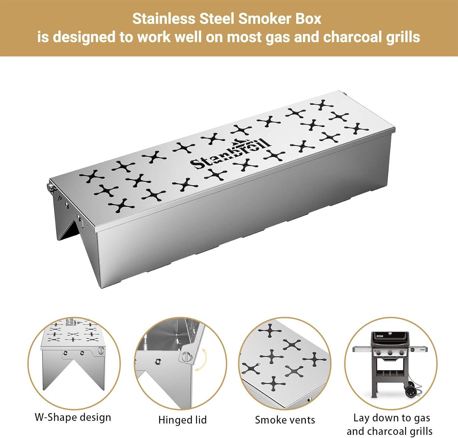 Stanbroil Stainless Steel Smoker Box for Gas Grilling | Wood Chip Smoking Box for Gas & Charcoal Grill | Double V-Shape Design and Hinged Lid for Smoke Box – 12″ L x 3.3″ W x 2.5″ H