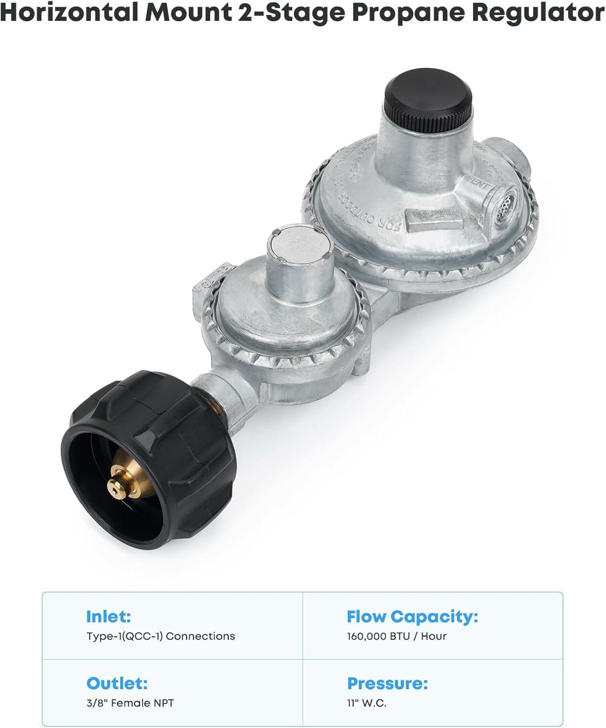 Stanbroil Horizontal Two Stage Propane Regulator with 3/8″ Female NPT and POL for RV, Vans, Trailers, Campers(Horizontal Regulator with QCC)