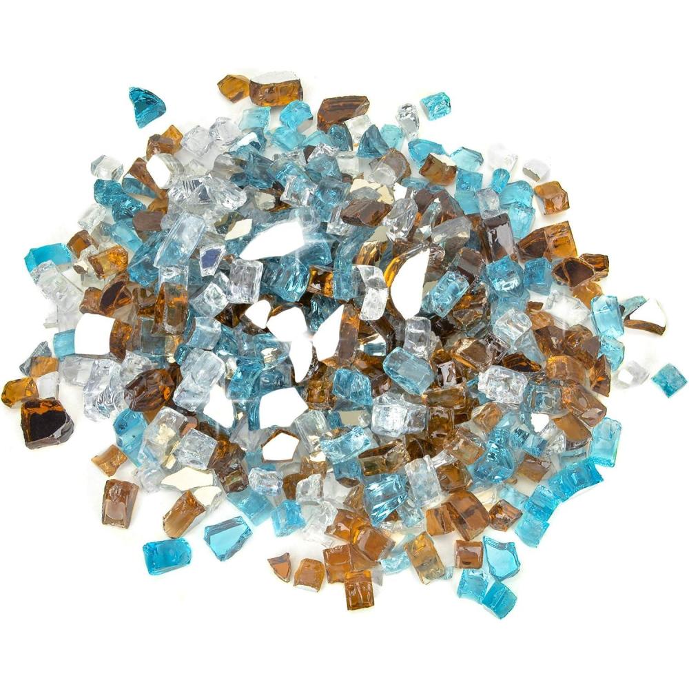 Stanbroil 10-Pound Blended Fire Glass – 1/2 inch Reflective Tempered Gold, Platinum, Copper for Indoor and Outdoor Gas Fire Pits and Fireplaces(Aqua Blue  Platinum  Copper)