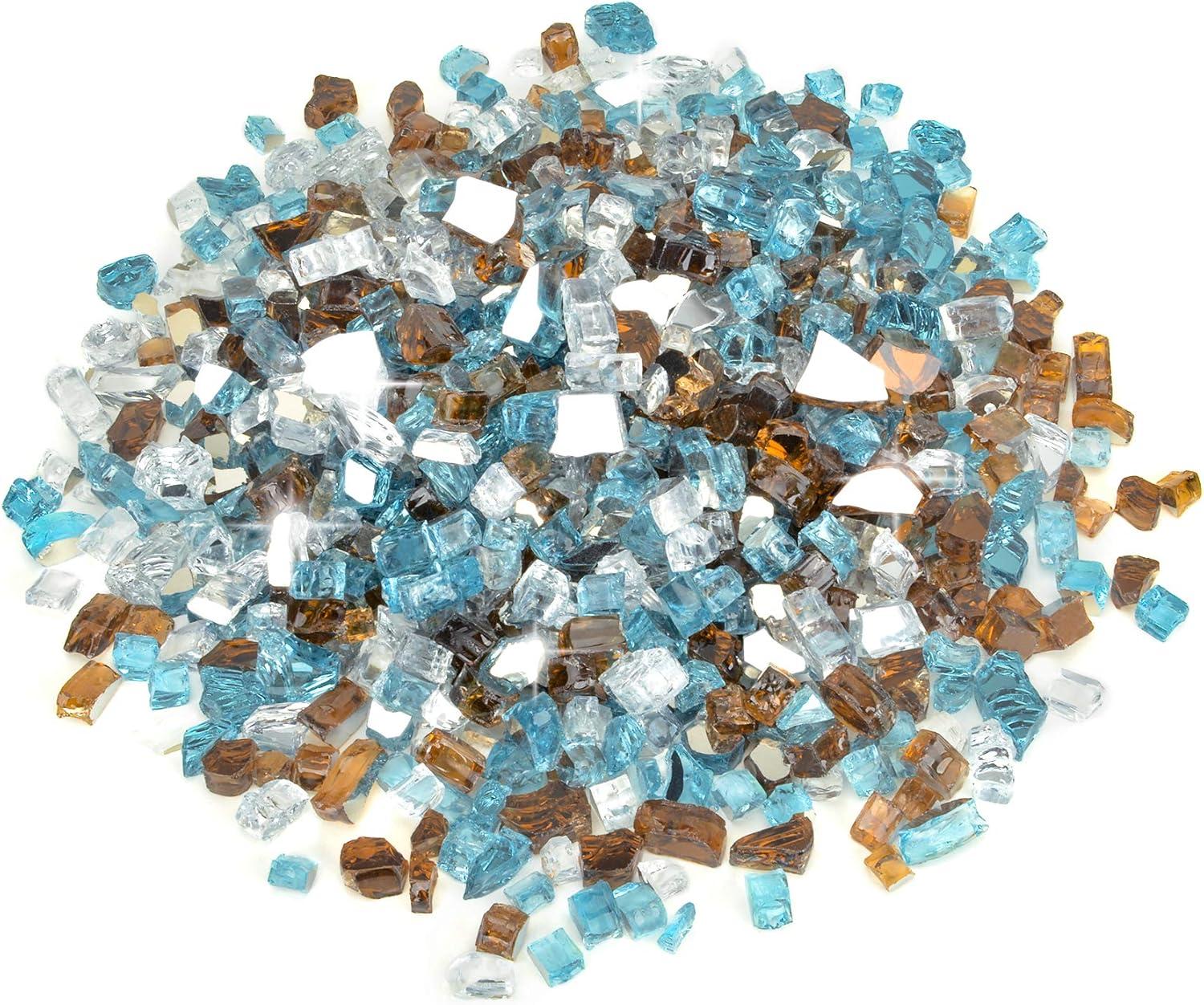 Stanbroil 10-Pound Blended Fire Glass – 1/2 inch Reflective Tempered Gold, Platinum, Copper for Indoor and Outdoor Gas Fire Pits and Fireplaces(Aqua Blue  Platinum  Copper)