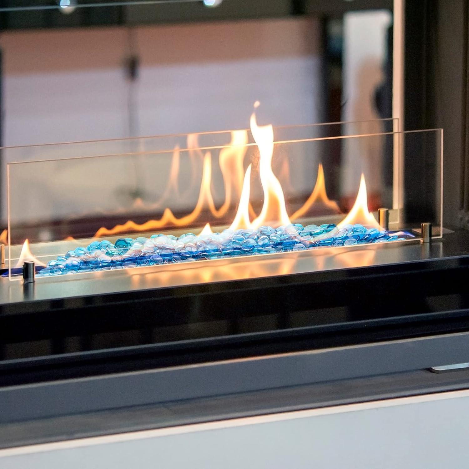 Stanbroil 10-Pound Fire Glass Beads – 1/2 inch Luster Fire Glass Drops for Fireplace Fire Pit | Gas Log Sets | Landscaping | Fish Tank, Amber Luster(Caribbean Blue)