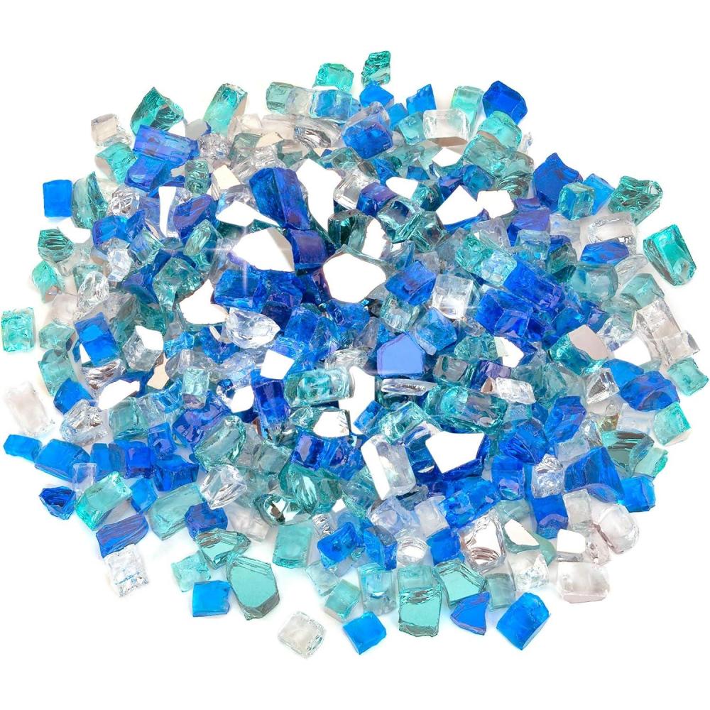 Stanbroil 10-Pound Blended Fire Glass – 1/2 inch Reflective Tempered Gold, Platinum, Copper for Indoor and Outdoor Gas Fire Pits and Fireplaces(Aqua Blue  Platinum  Cobalt Blue)