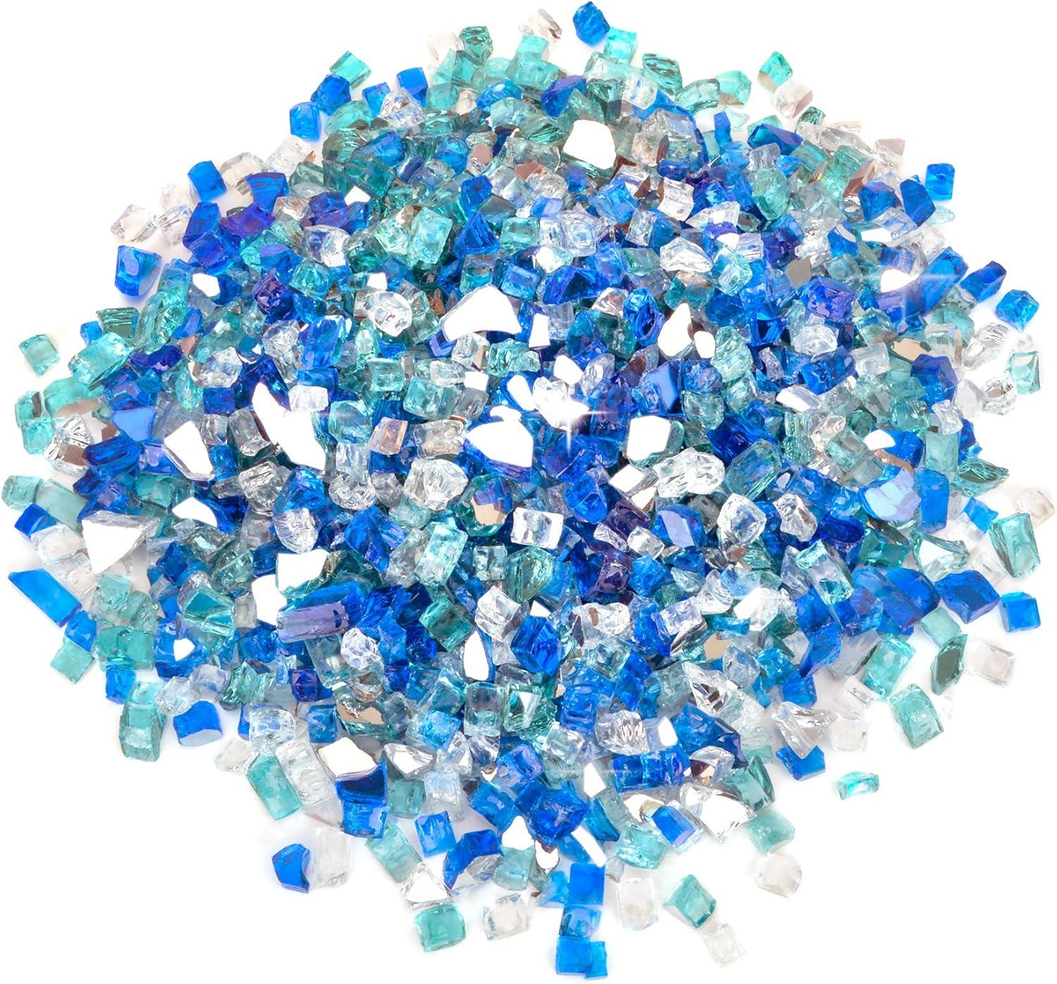 Stanbroil 10-Pound Blended Fire Glass – 1/2 inch Reflective Tempered Gold, Platinum, Copper for Indoor and Outdoor Gas Fire Pits and Fireplaces(Aqua Blue  Platinum  Cobalt Blue)
