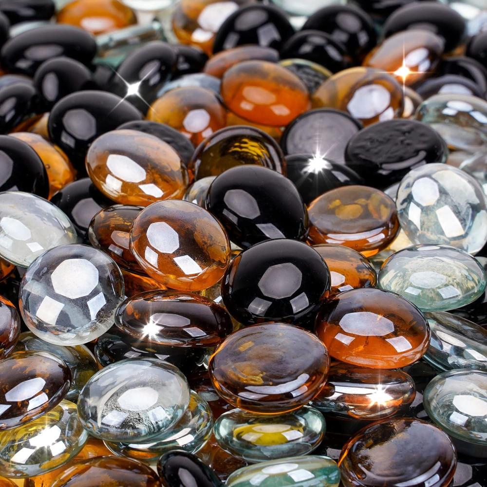 Stanbroil 10-Pound Blended Fire Glass Beads – 1/2 inch Fire Glass Drops Blended Caribbean Blue, Crystal Ice, Caramel Luster for Indoor and Outdoor Gas Fire Pits and Fireplaces(Onyx Black  Crystal Ice  Caramel)