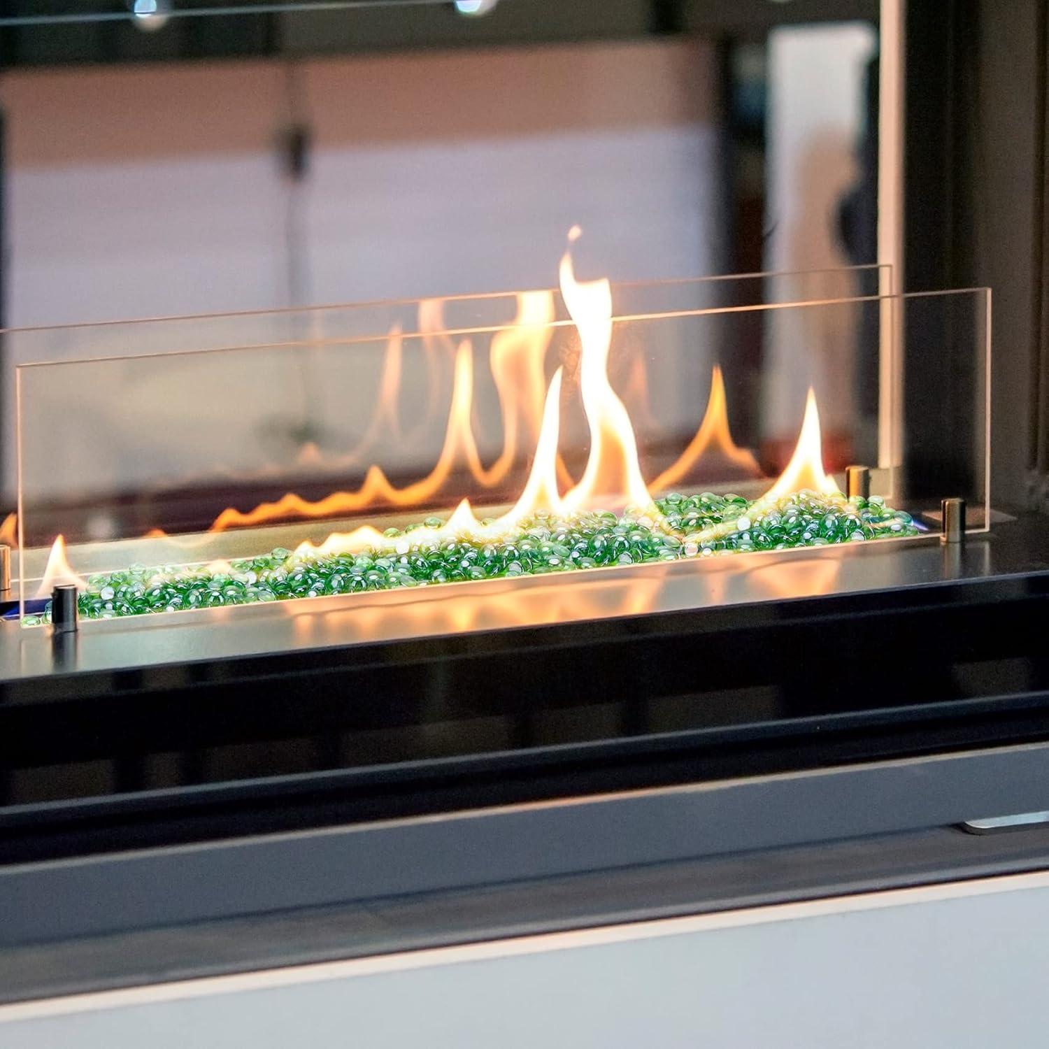 Stanbroil 10-Pound Fire Glass Beads – 1/2 inch Luster Fire Glass Drops for Fireplace Fire Pit | Gas Log Sets | Landscaping | Fish Tank, Amber Luster(Emerald Green Luster)