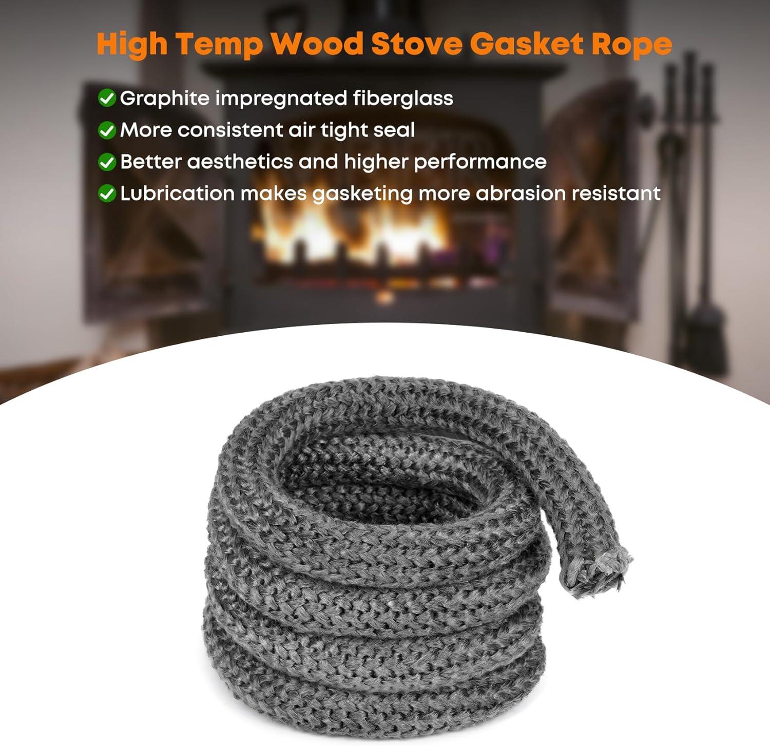 Stanbroil Graphite Impregnated Fiberglass Flat Rope Seal and High Temperature Cement Gasket Kit Replacement for Wood Stoves – 5/8″ x 1/8″ x 84″(1″ x 84″ Rope)