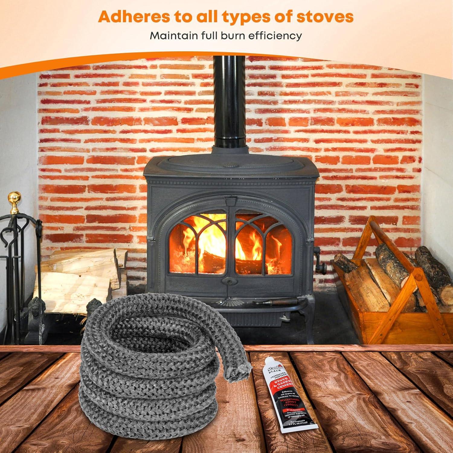 Stanbroil Graphite Impregnated Fiberglass Flat Rope Seal and High Temperature Cement Gasket Kit Replacement for Wood Stoves – 5/8″ x 1/8″ x 84″(1″ x 84″ Rope)