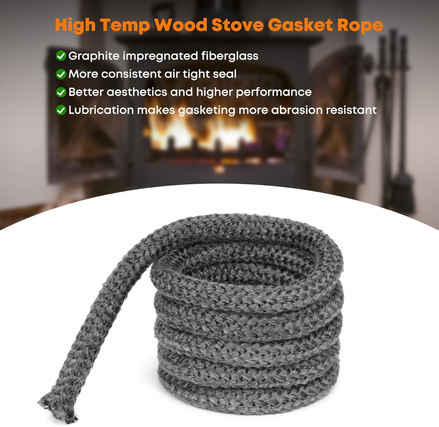 Stanbroil Graphite Impregnated Fiberglass Flat Rope Seal and High Temperature Cement Gasket Kit Replacement for Wood Stoves – 5/8″ x 1/8″ x 84″(7/8″ x 84″ Rope)
