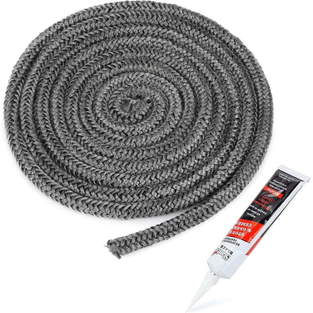 Stanbroil Graphite Impregnated Fiberglass Flat Rope Seal and High Temperature Cement Gasket Kit Replacement for Wood Stoves – 5/8″ x 1/8″ x 84″(1/4″ x 84″ Rope)
