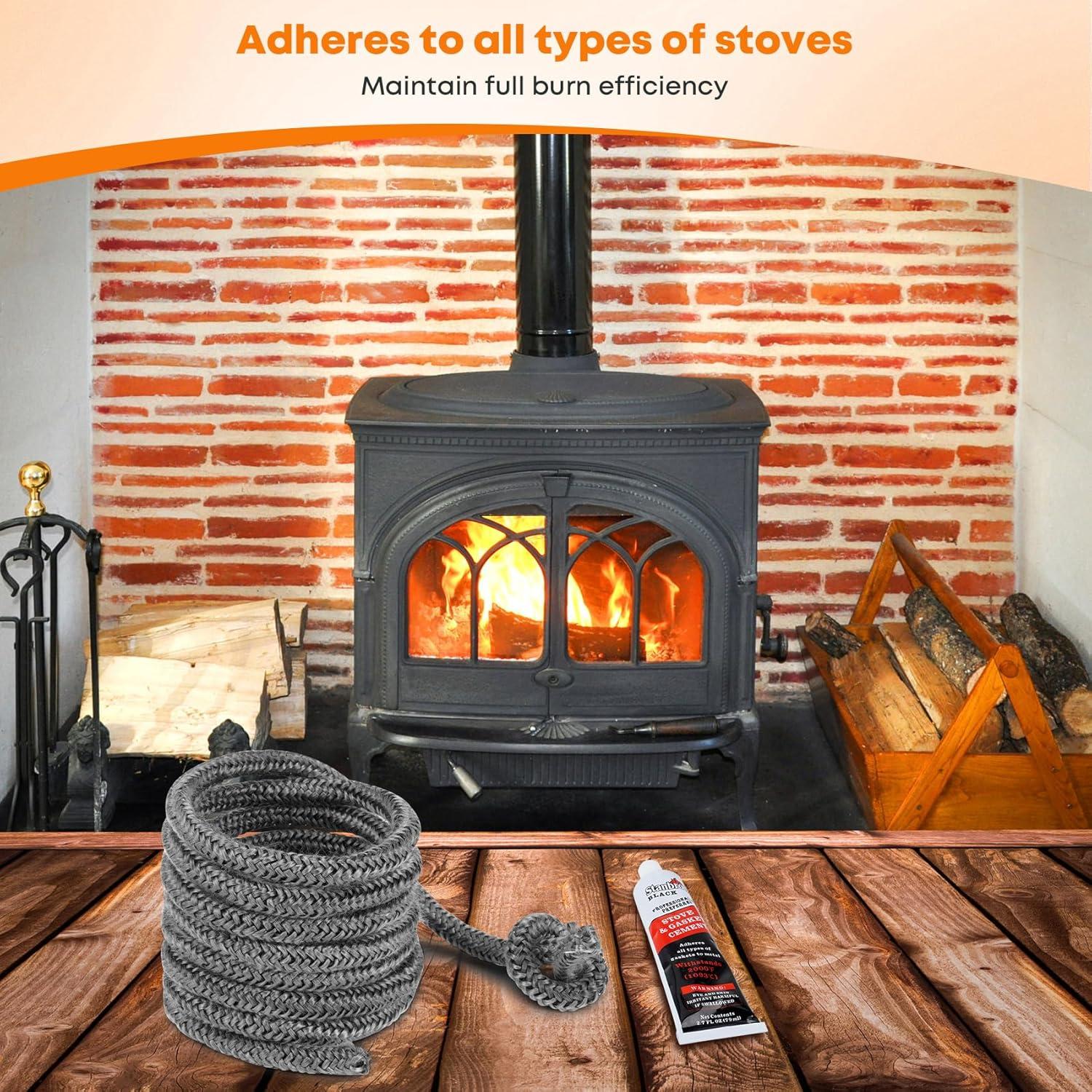 Stanbroil Graphite Impregnated Fiberglass Flat Rope Seal and High Temperature Cement Gasket Kit Replacement for Wood Stoves – 5/8″ x 1/8″ x 84″(1/4″ x 84″ Rope)