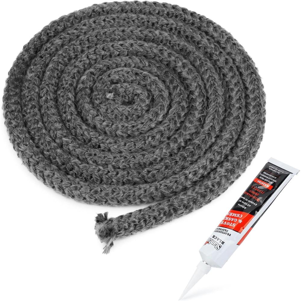 Stanbroil Graphite Impregnated Fiberglass Flat Rope Seal and High Temperature Cement Gasket Kit Replacement for Wood Stoves – 5/8″ x 1/8″ x 84″(1/2″ x 84″ Rope)