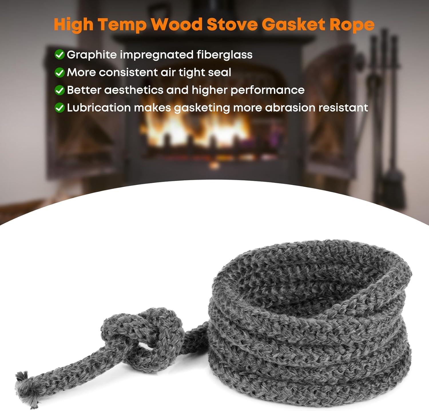 Stanbroil Graphite Impregnated Fiberglass Flat Rope Seal and High Temperature Cement Gasket Kit Replacement for Wood Stoves – 5/8″ x 1/8″ x 84″(1/2″ x 84″ Rope)