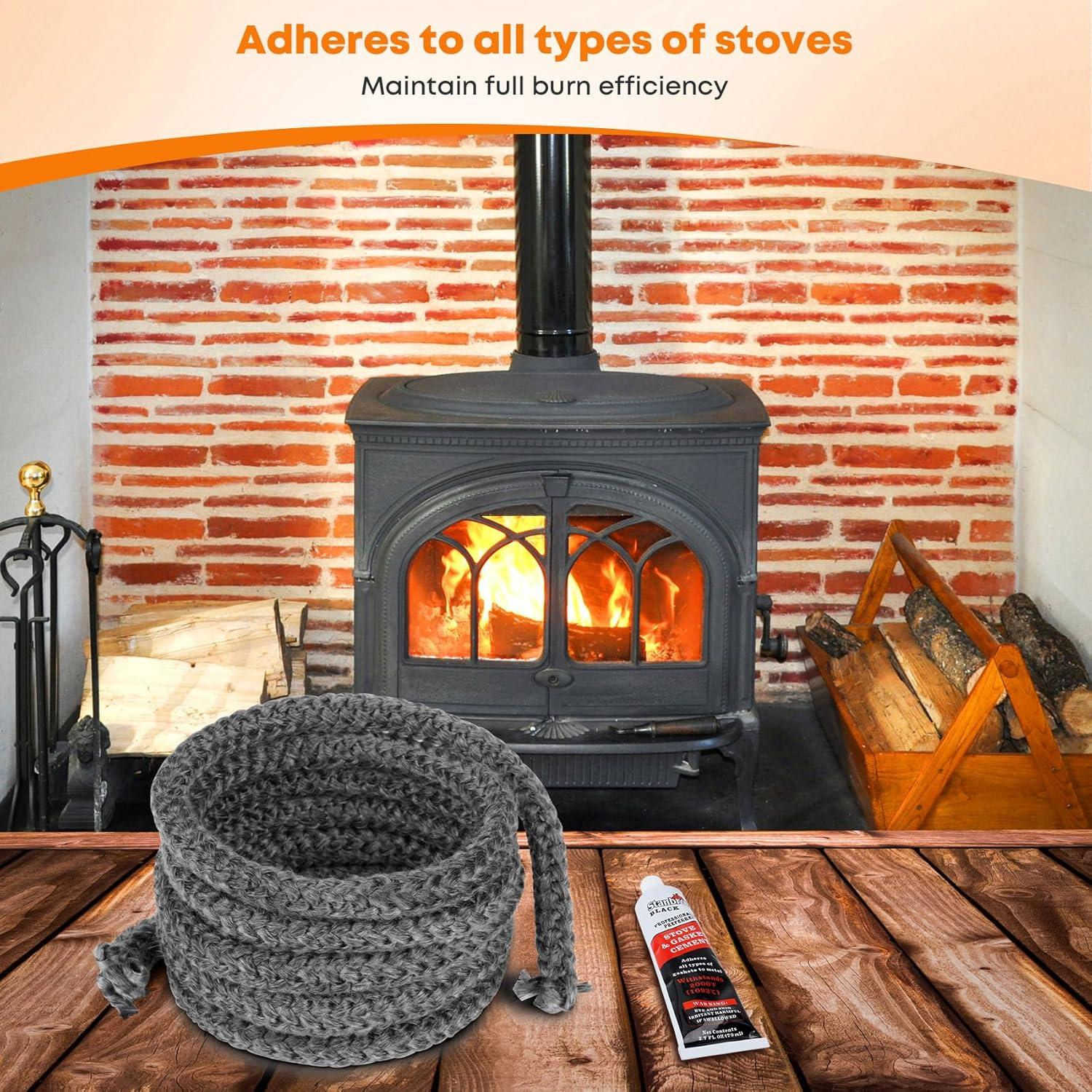 Stanbroil Graphite Impregnated Fiberglass Flat Rope Seal and High Temperature Cement Gasket Kit Replacement for Wood Stoves – 5/8″ x 1/8″ x 84″(1/2″ x 84″ Rope)
