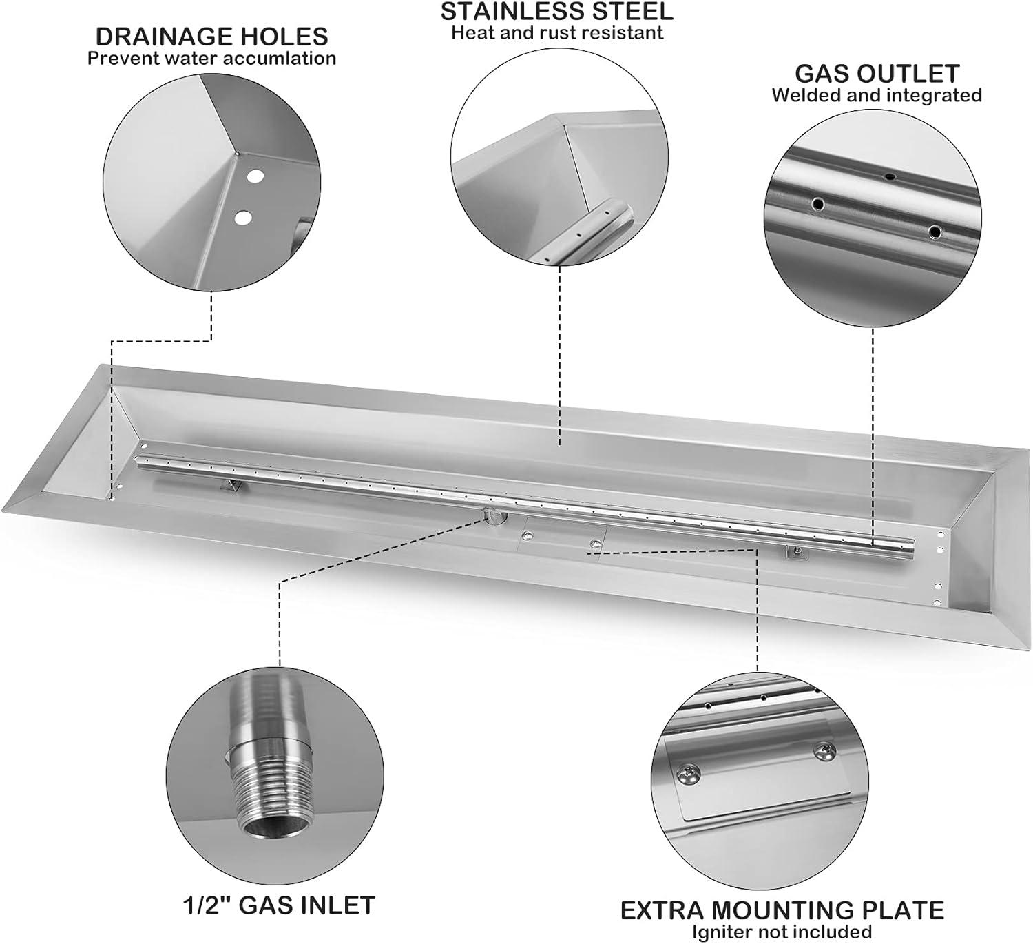 Stanbroil 36 x 6 Inch Linear Fire Pit Kit with Spark Ignition Kits, 304 Stainless Steel Propane Gas Firepit Insert for Outdoor DIY Firepit Project – Propane Gas Version(48″x 6″)