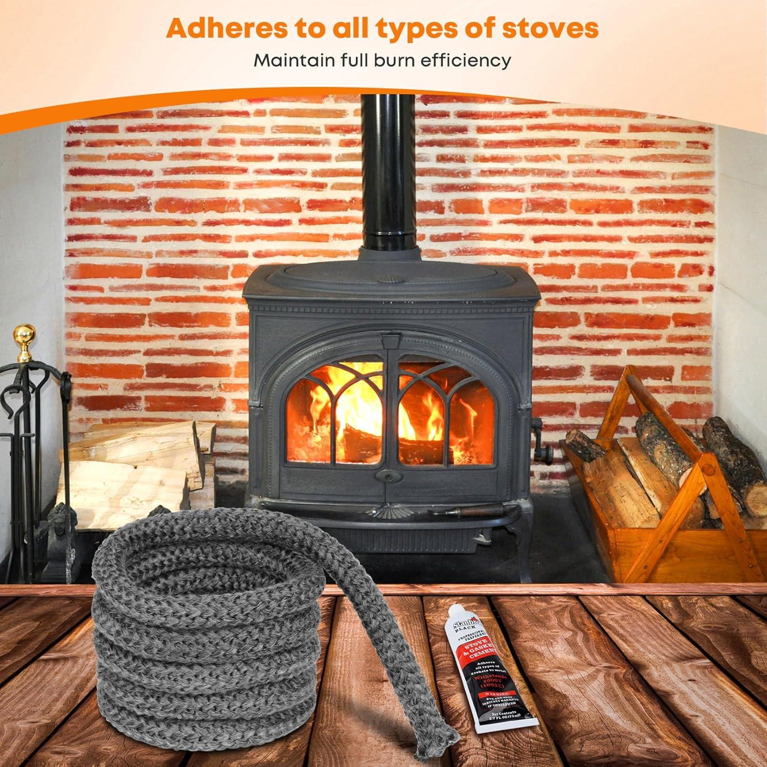 Stanbroil Graphite Impregnated Fiberglass Flat Rope Seal and High Temperature Cement Gasket Kit Replacement for Wood Stoves – 5/8″ x 1/8″ x 84″(5/8″ x 84″ Rope)