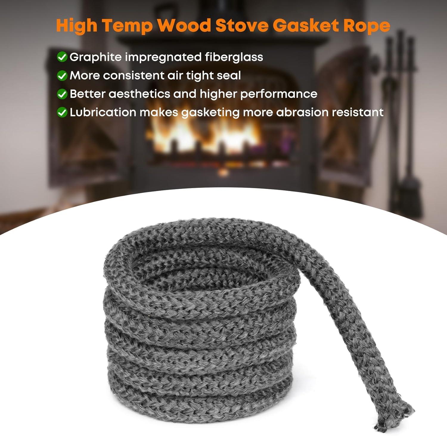 Stanbroil Wood Stove Gasket, 1/4″ x 84″ Graphite Impregnated Fiberglass Rope Seal and High-Temperature Cement Gasket Replacement for Wood Stoves Door(5/8″ x 84″ Rope)