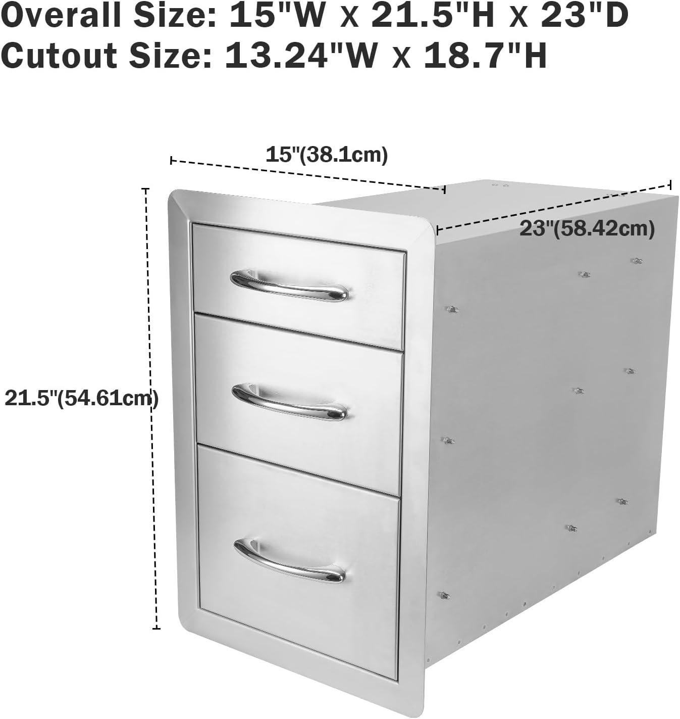 Stanbroil Outdoor Kitchen Drawers Stainless Steel – 15W x 21.5H x 23D Inch, Triple Access Drawer Flush Mount for Outdoor Kitchen or BBQ Island