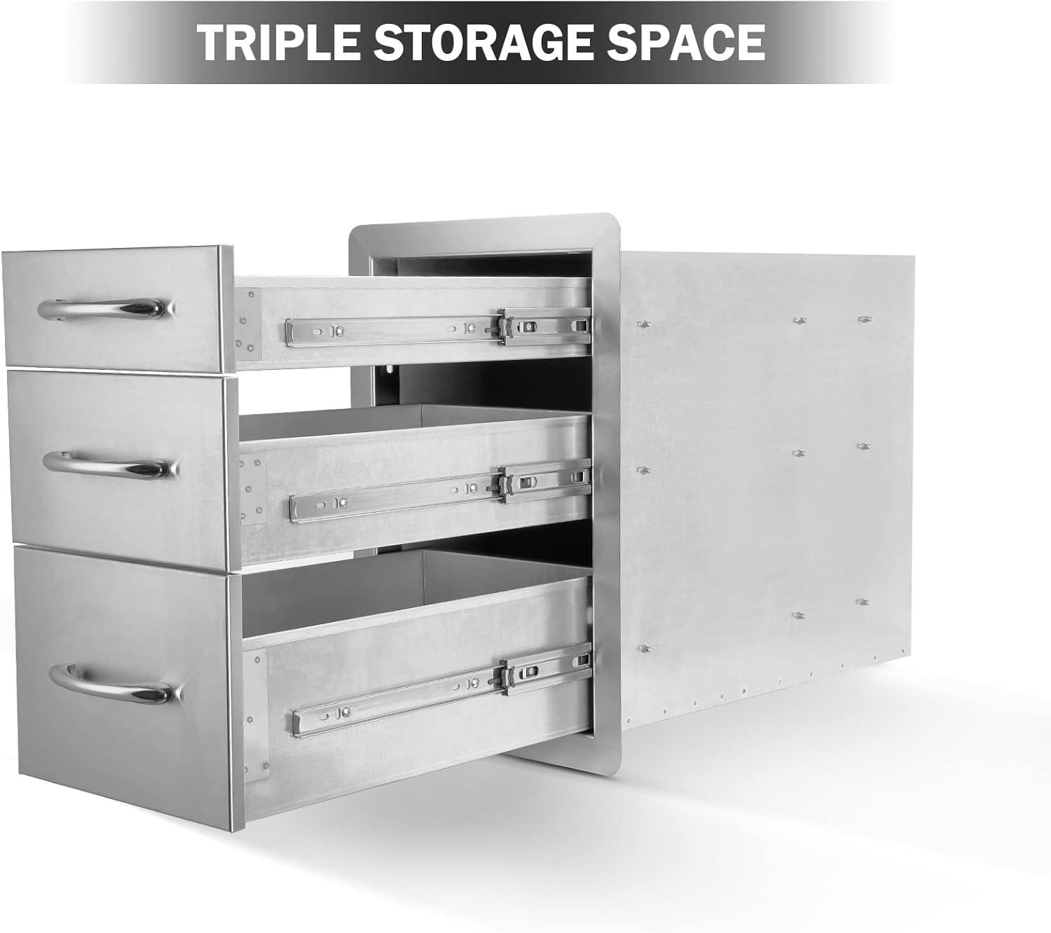 Stanbroil Outdoor Kitchen Drawers Stainless Steel – 15W x 21.5H x 23D Inch, Triple Access Drawer Flush Mount for Outdoor Kitchen or BBQ Island