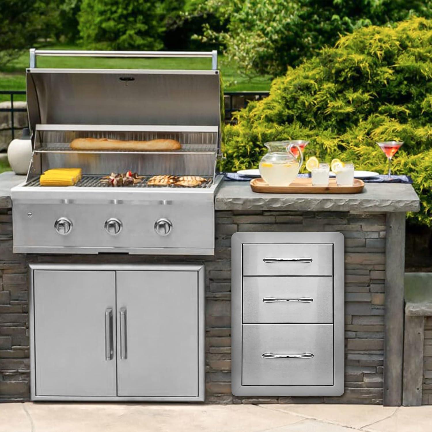 Stanbroil Outdoor Kitchen Drawers Stainless Steel – 15W x 21.5H x 23D Inch, Triple Access Drawer Flush Mount for Outdoor Kitchen or BBQ Island
