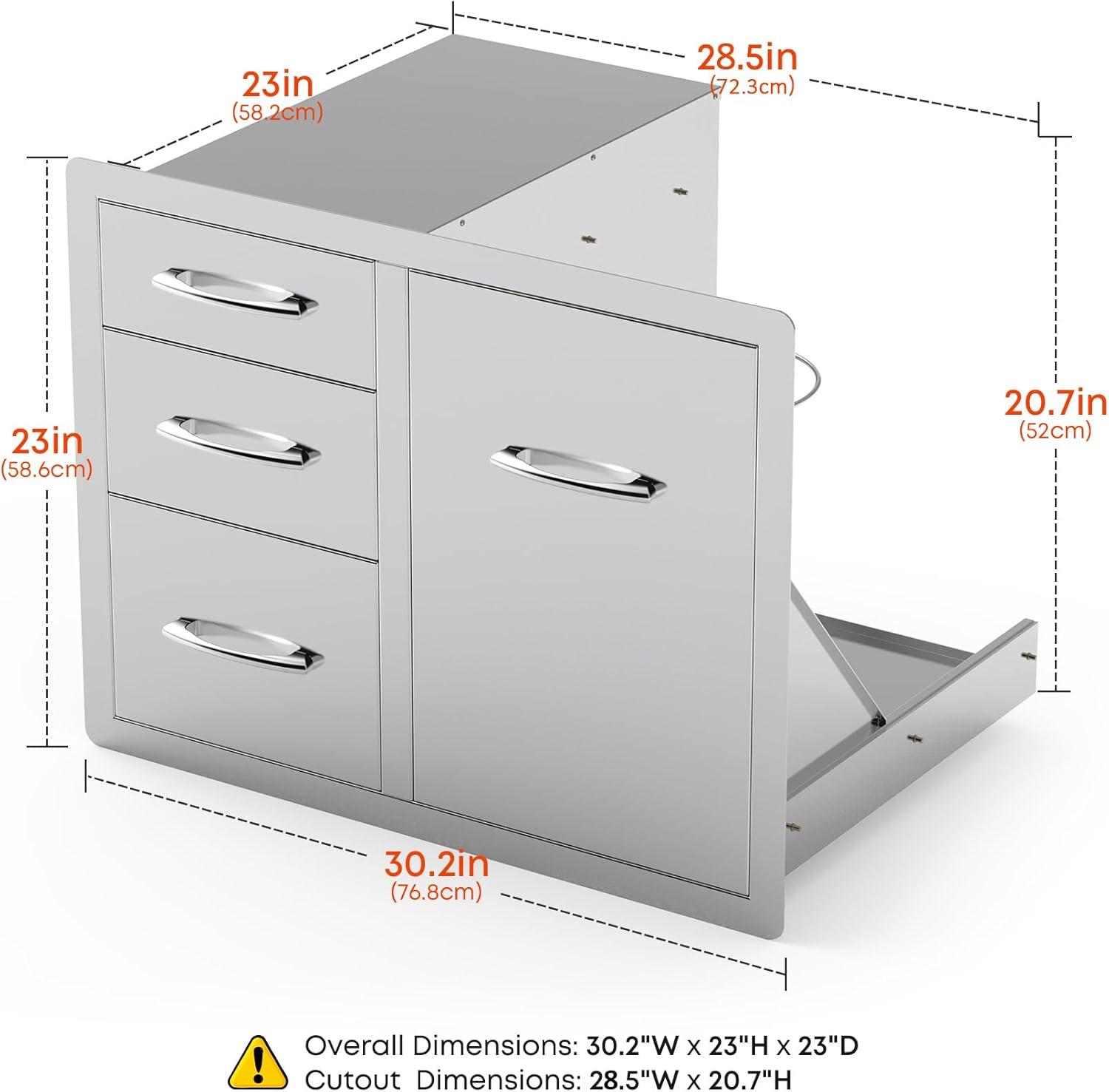 Stanbroil Outdoor Kitchen Stainless Steel Combo Propane Tank Tray with Trash Bag Ring & Triple Drawer, 30-Inch