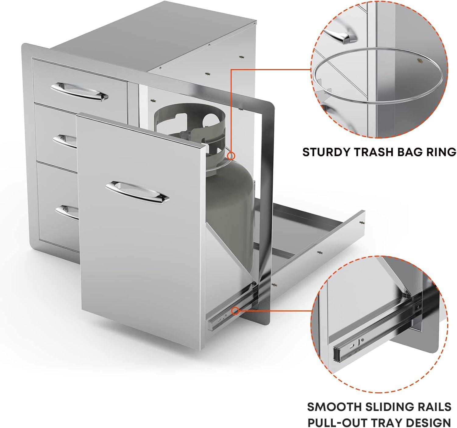 Stanbroil Outdoor Kitchen Stainless Steel Combo Propane Tank Tray with Trash Bag Ring & Triple Drawer, 30-Inch