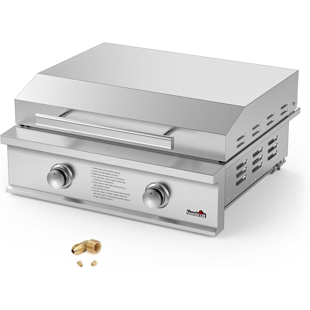 Stanbroil 28-Inch Premium Built-In Natural Gas Griddle for Outdoor Kitchen Grill, Durable Stainless Steel 2-Burner Flat Top Grill with Lid for BBQ Island, 34,000 BTUs