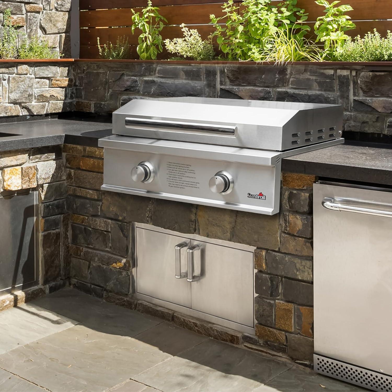 Stanbroil 28-Inch Premium Built-In Liquid Propane Griddle for Outdoor Kitchen Grill, Durable Stainless Steel 2-Burner Flat Top Grill with Lid for BBQ Island, 34,000 BTUs